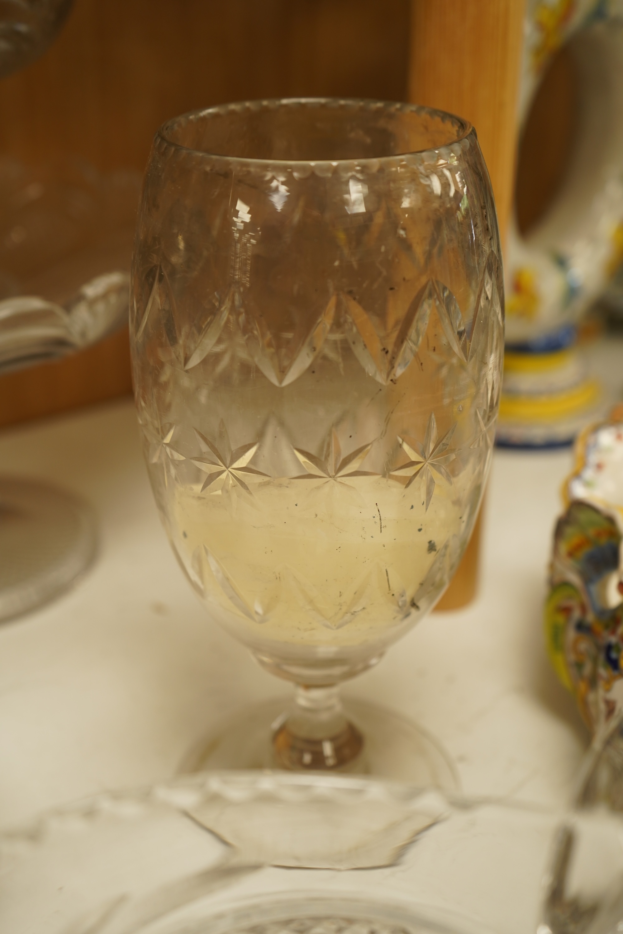 Collection of glassware to include William Yeoward beehive honey skep, five pressed glass comports and other glassware, largest 23cm in diameter